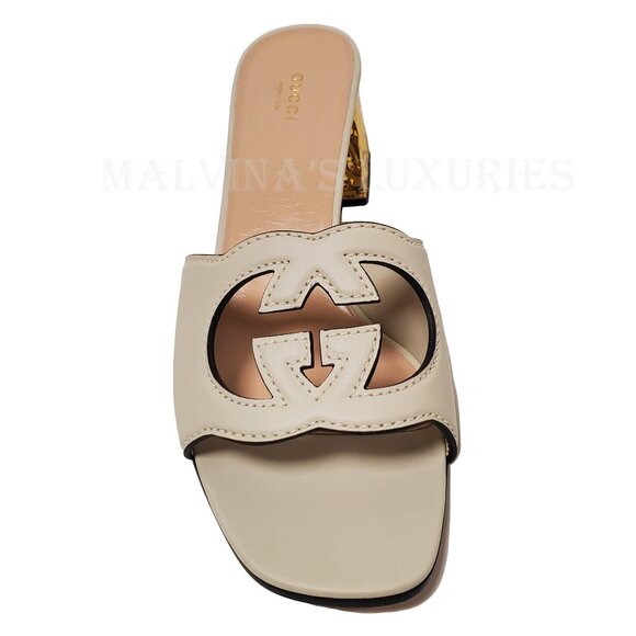 GUCCI SHOES INTERLOCKING G LOGO CUT OUT WHITE LEATHER MULES SANDALS sz 42 12 - Picture 9 of 15